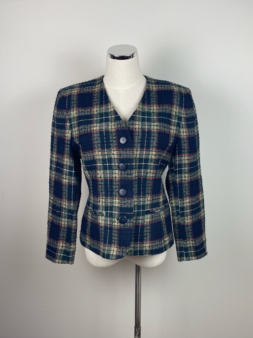 Talbots Navy Blue Green Red Plaid Wool Blazer Jacket Women 8 Petite Classic